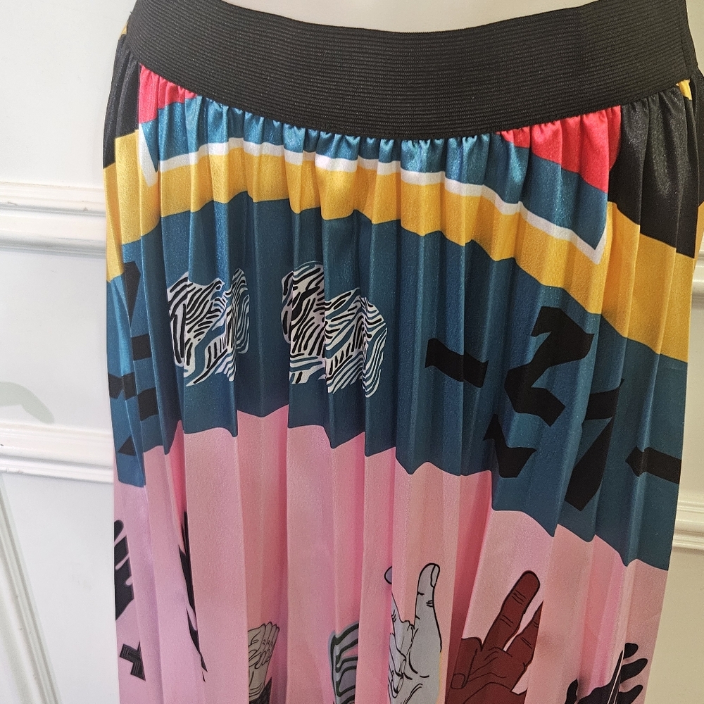 MNOGCC United! Pink/Blue Multi-Color Print Retro Pleated A-Line Skirt, X-Large - Picture 8 of 13